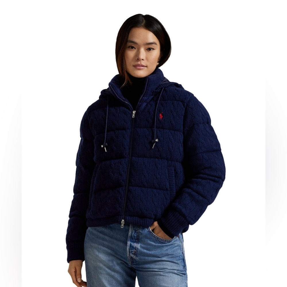Polo Ralph Lauren Cable Knit Navy Puffer Jacket - Picture 5 of 8